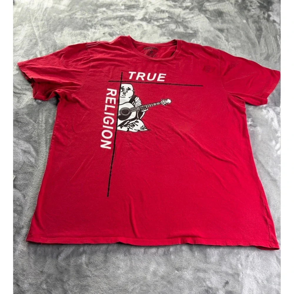 True Religion Buddha Guitar World Tour Men's T-Shirt XXL Red Large Front Graphic